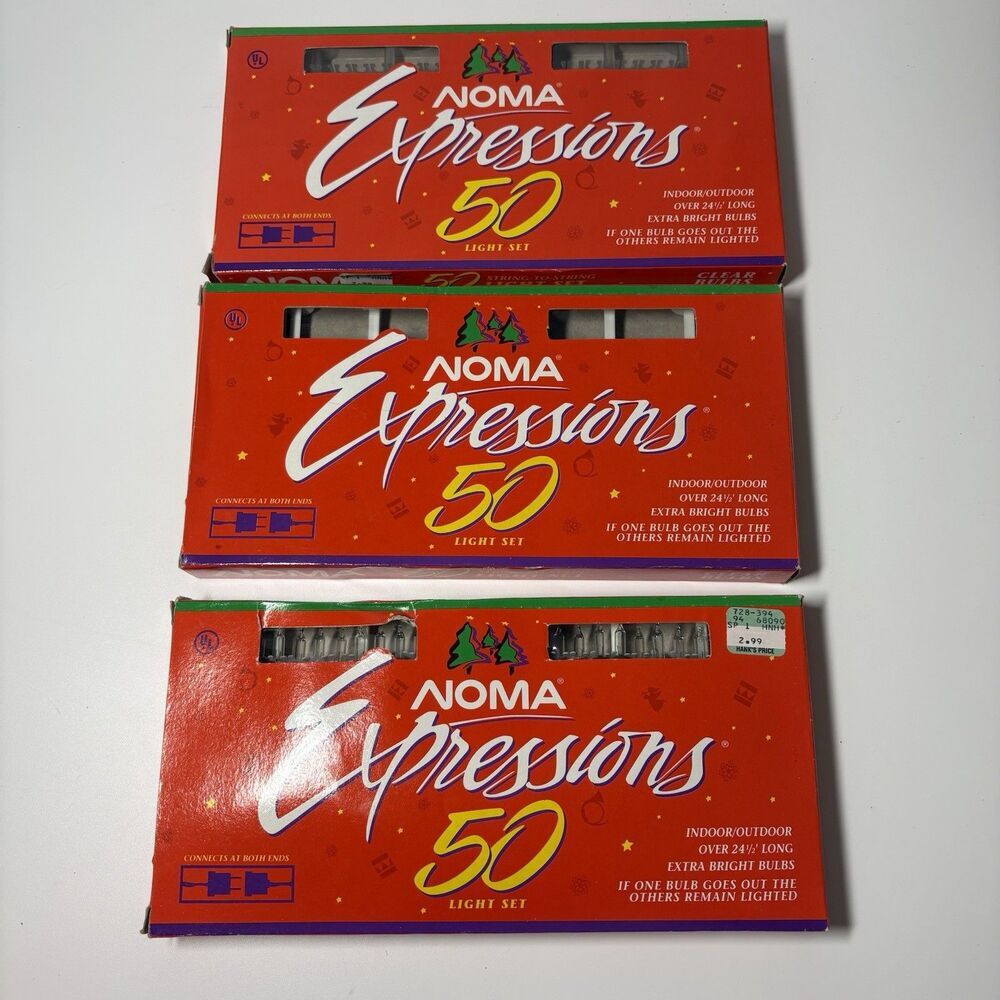 Vtg Noma Expressions 50 Clear Christmas Lights, Set of 3 WORKS Extra Bulbs